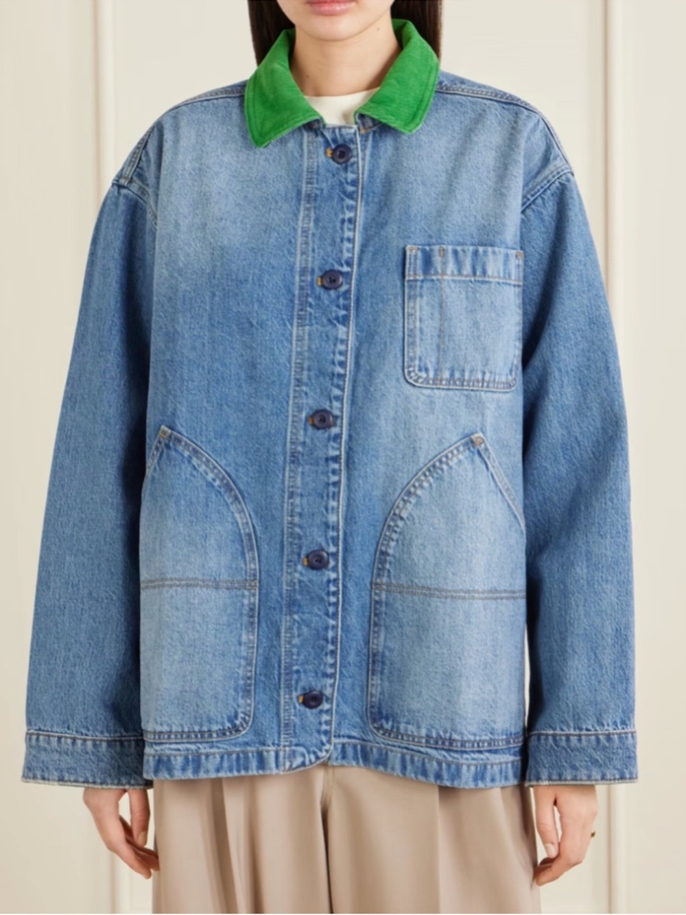 DOEN Pascual Blue Denim Jacket with Green Collar - Picture 2 of 4